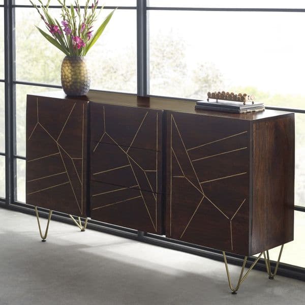 Brecon Dark Mango Wood Centre Drawer Sideboard | Extra large two door and three centre drawer sideboard with metal inlay detail and hairpin legs.